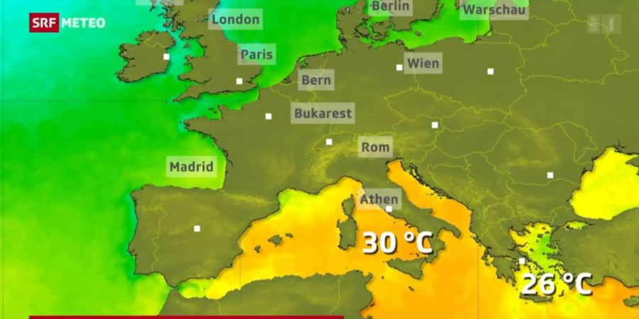 «SRF Meteo» blendet am Donnerstagabend während der Wetterprognose eine Europa-Karte mit den aktuellen Meerestemperaturen ein. Dem aufmerksamen Wetter-Gucker fällt dabei ein kleiner Fauxpas auf: Aus Bern wurde kuzerhand Rom, Berlin ist in Skandinavien und Paris ist London – die Städte-Namen sind alle nach oben verrutscht.