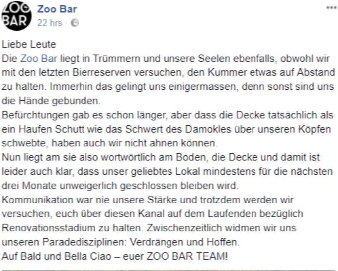 Über facebook informiert die Zoo Bar über das Debakel. Über facebook informiert die Zoo Bar über das Debakel.