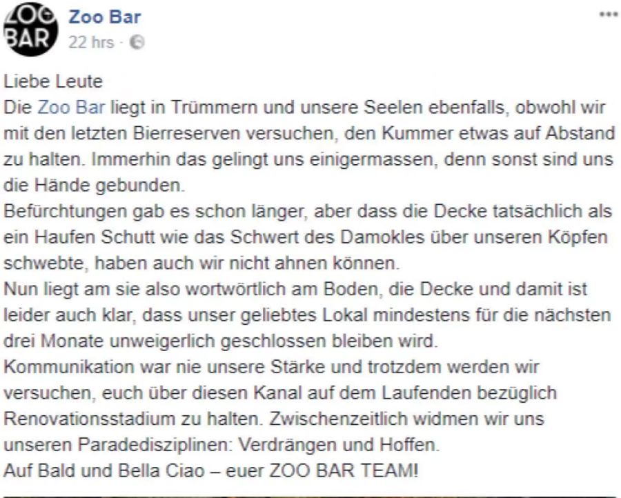 Über facebook informiert die Zoo Bar über das Debakel.