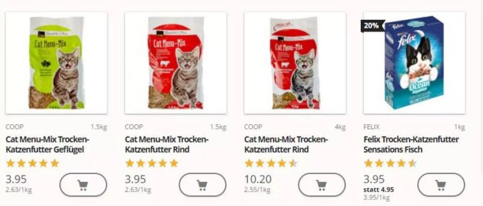 Coop hat eine grosse Auswahl, ausser bei Bio-Tierfutter. Coop hat eine grosse Auswahl, ausser bei Bio-Tierfutter.