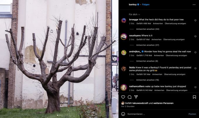 Inzwischen hat Banksy ein Bild der noch leeren Hauswand in London gepostet. Banksy London
