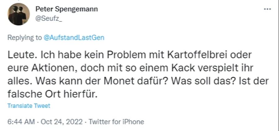 Auf Twitter kritisiert ein Benutzer die Attacke auf ein Gemälde von Claude Monet.