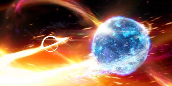 Diese künstlerische Darstellung zeigt, wie ein Schwarzes Loch einen Neutronenstern frisst. schwarzes loch neutronenstern