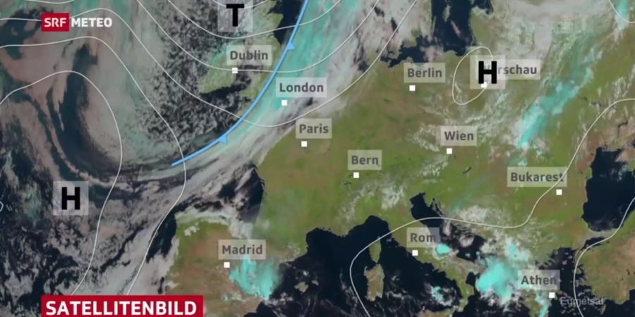 «SRF Meteo» zeigt wie sich das aktuelle Hoch langsam verabschiedet. Auf diesem Satellitenbild ist Bern noch dort, wo Bern hingehört, London im Norden und Rom im zentralen Teil von Italien.