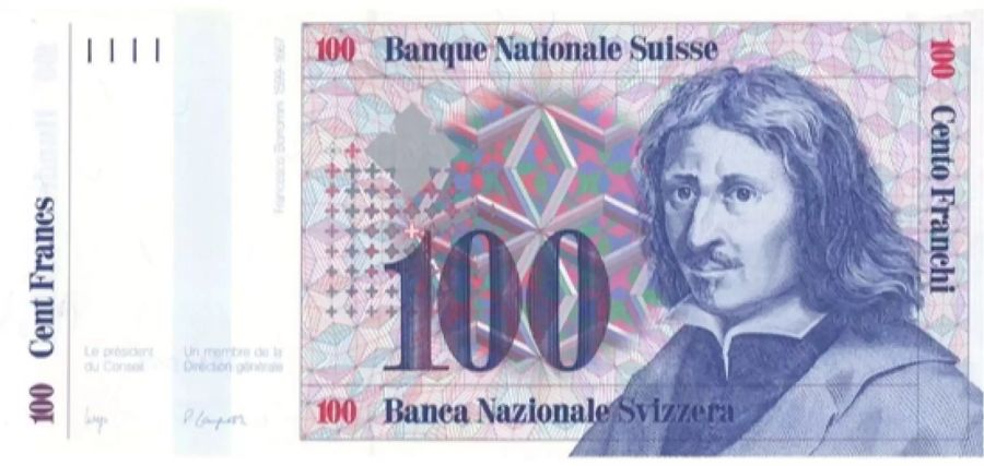 Die siebte Serie der Schweizer Banknoten wurde nie in Umlauf gebracht. Wie beim 100er der Serie von 1976 ist Francesco Borromini aufgedruckt.