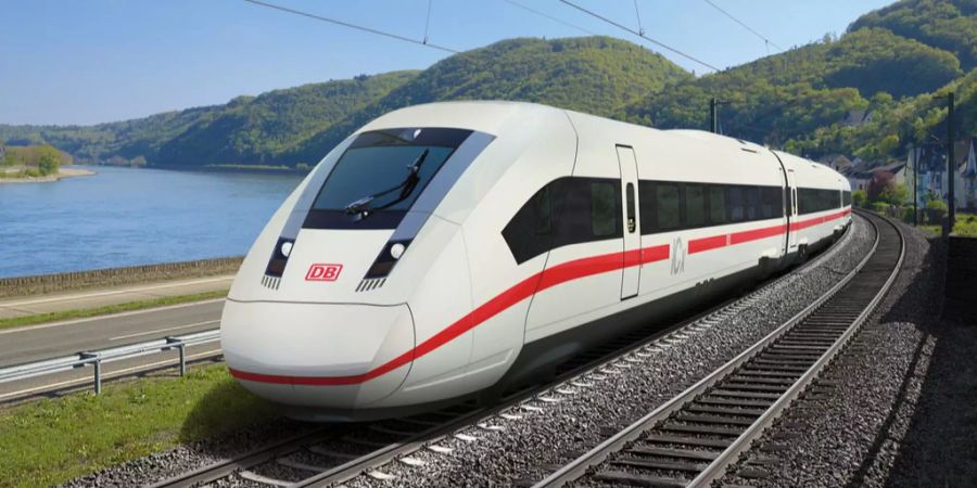 Eine undatierte Computergrafik zeigt einen Schnellzug der Deutschen Bahn DB vom Typ ICx auf freier Strecke.