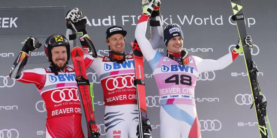 Marcel Hirscher, Stefan Luitz und Thomas Tumler (v.l.n.r.) stehen auf dem Podest von Beaver Creek.