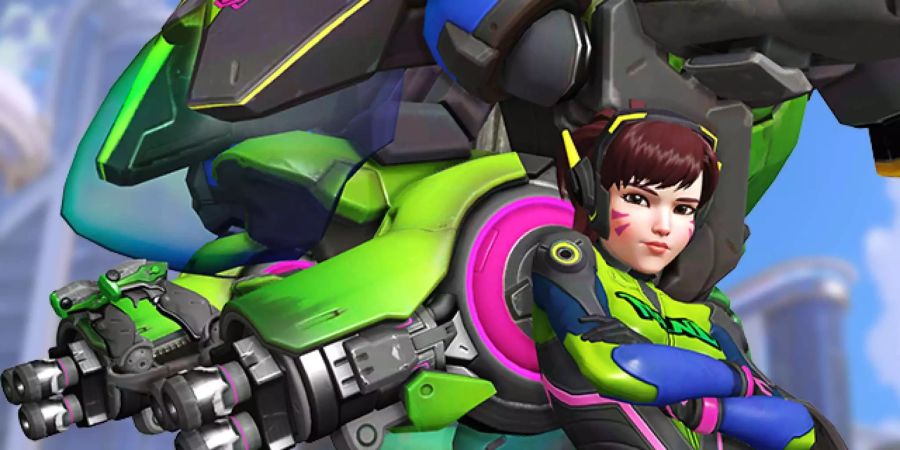 D.vas sowie ihr Meka sind zu sehen. Der neue Nano Cola Skin ist ausgerüstet. D.va ist an ihrem grün, pink, blau, schwarzen Meka angelehnt.