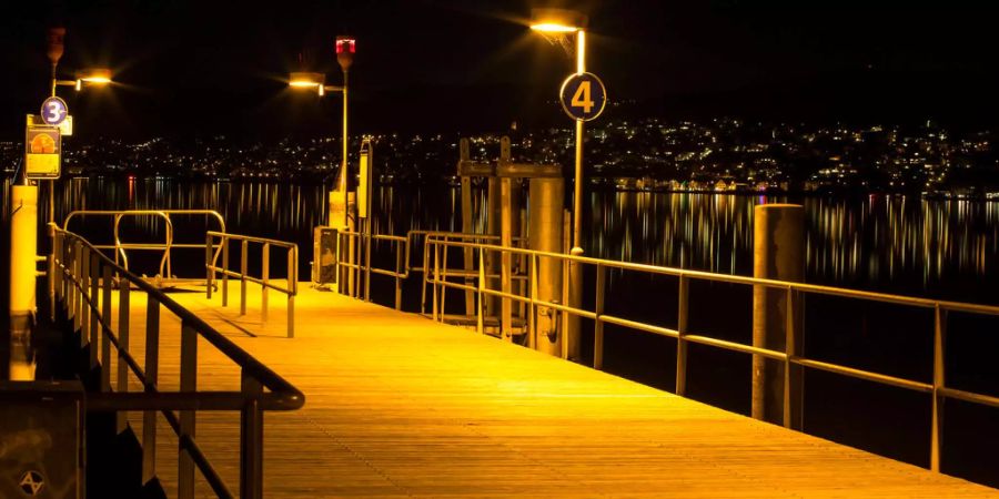 Der Anlegesteg Zürihorn am Zürichsee aufgenommen in der Nacht.