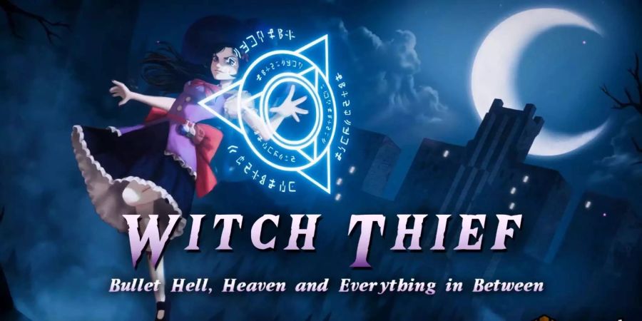 Die Coverat zu Witch Thief. Eine Hexe mit einem Schloss im Hintergrund ist auf blauem Hintergrund zu sehen. Die Hexe zaubert.