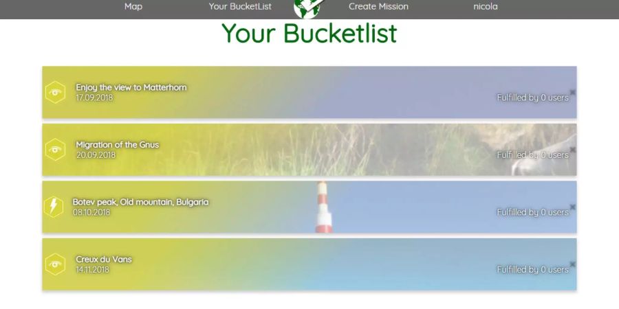 User können die sogenannten Missionen zu der Bucketlist hinzufügen (Screenshot https://globalbucket.life)