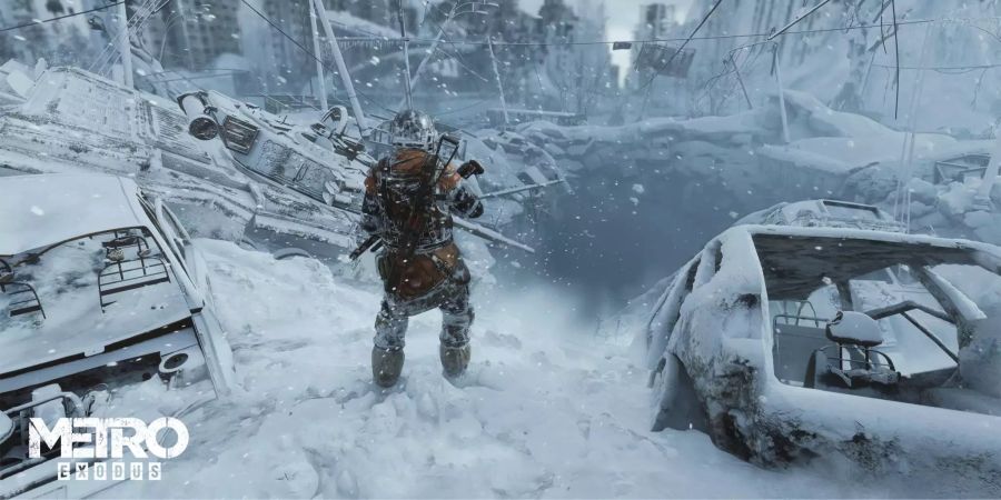 Metro Exodus: Ein Mann steht in einer verschneiten Umgebung.