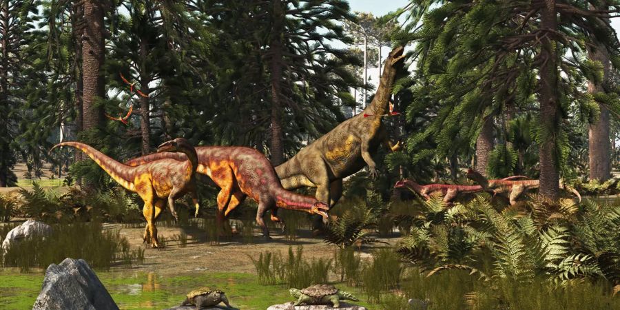 Dinosaurier wie Plateosaurus und die kleineren Liliensternus (rechts in der Illustration) haben sich vor über 200 Millionen Jahren ausgebreitet. Bild: Alamy