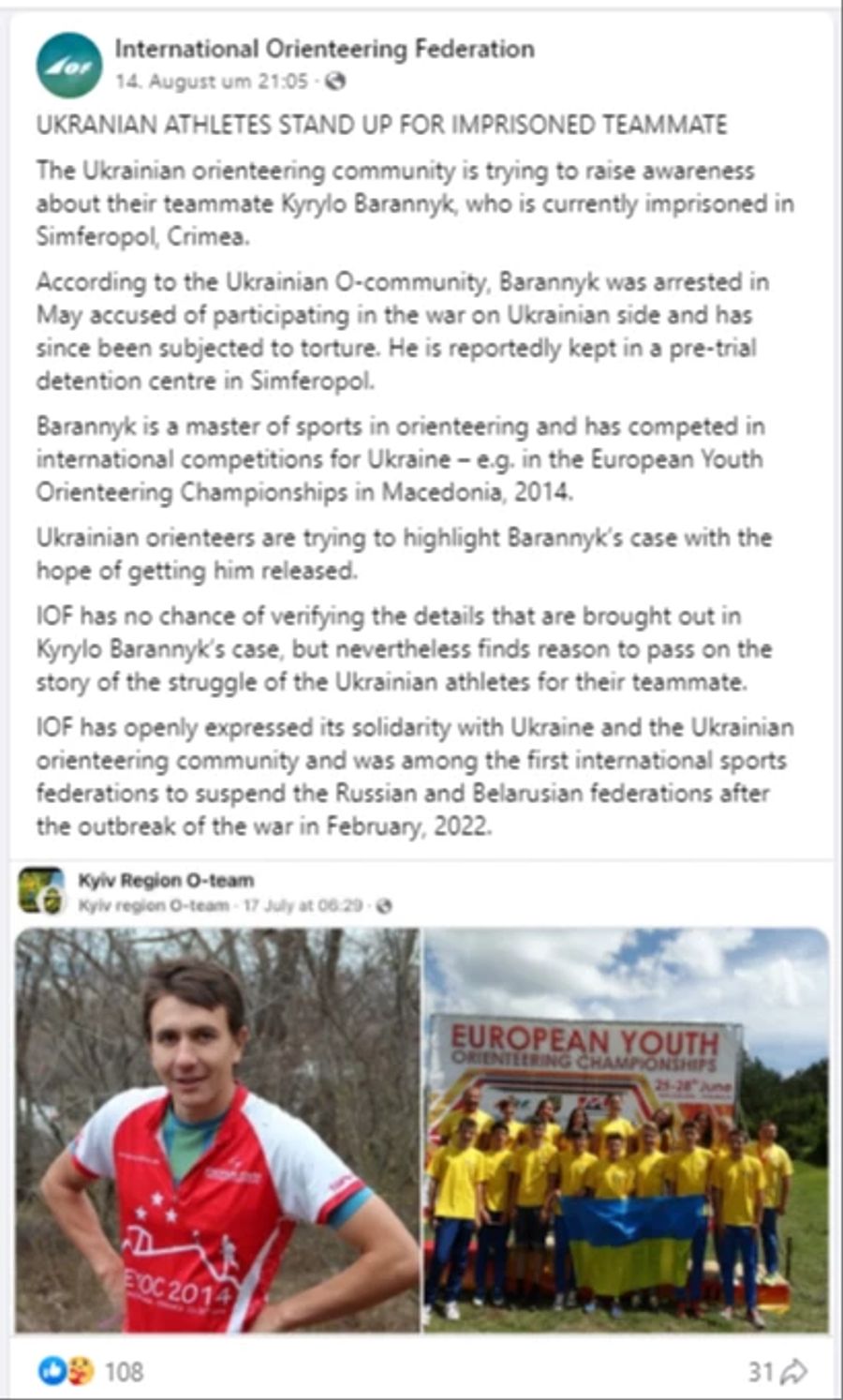 Auch der Internationale Orientierungslaufverband solidarisiert sich mit dem ukrainischen OL-Läufer.