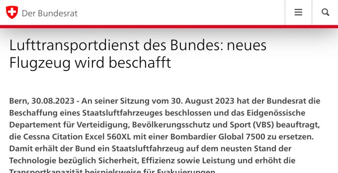 Achtung, Achtung, Mitteilung des Bundesrats: Es fliegt etwas in der Luft. Staatsluftfahrzeug Bundesratsjet