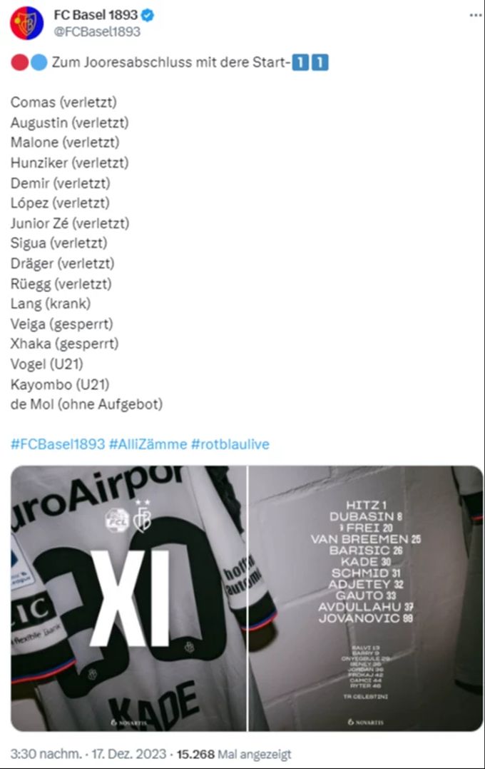 Die irre Verletzungs-Liste des FC Basel beim Auswärts-Spiel gegen Luzern. FC Basel