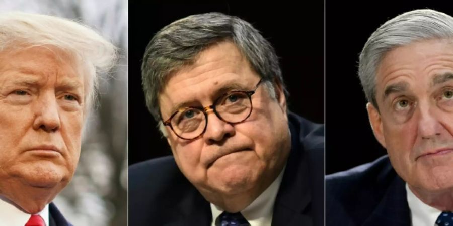 Donald Trump (l.), Bill Barr (m.), Robert Mueller (r.)