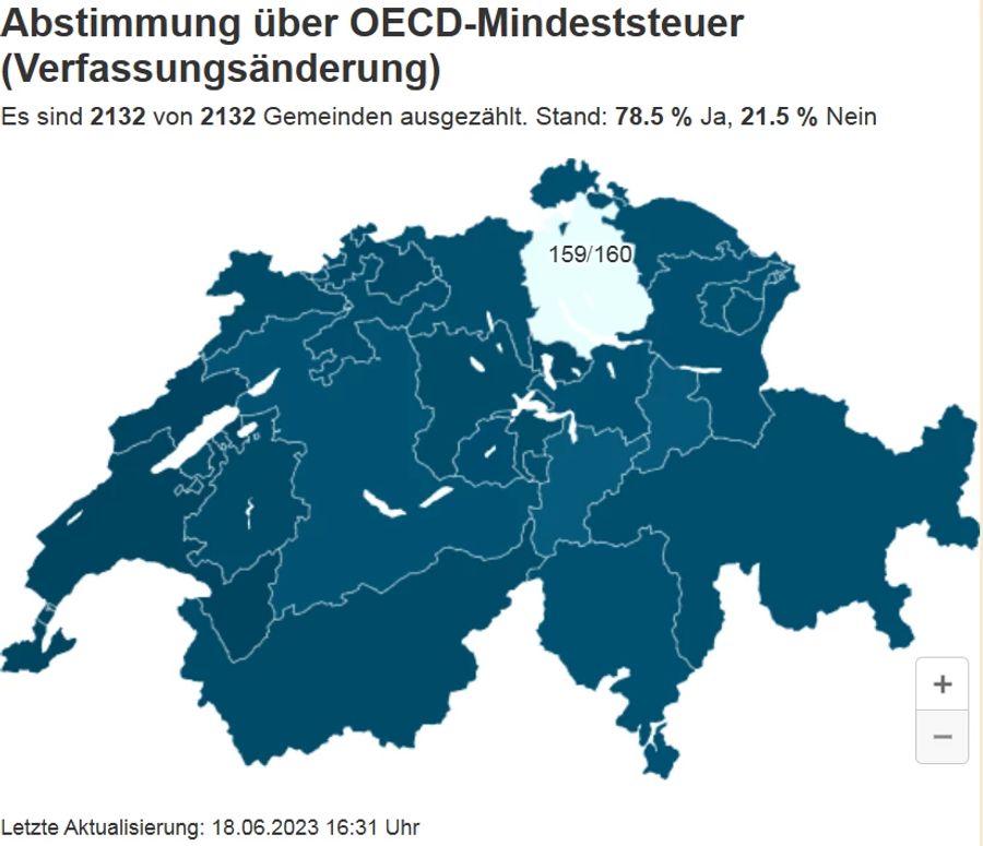 Kantons-Übersicht zur Abstimmung zur OECD-Mindeststeuer.