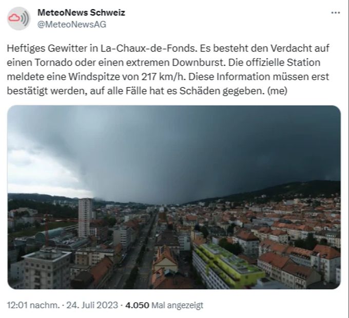 Ein mutmasslicher Tornado ist über La Chaux-de-Fonds NE gezogen. Tornado