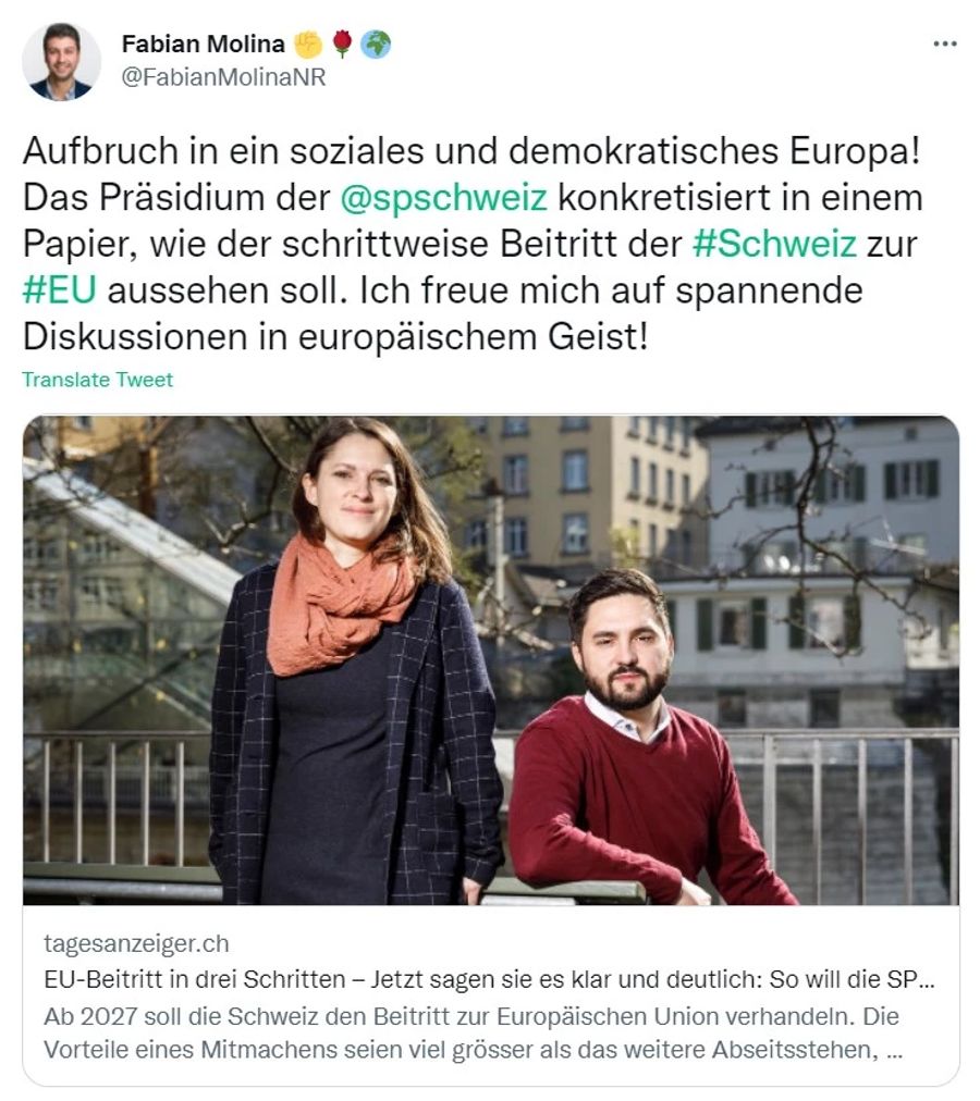 Fabian Molina freue sich schon auf spannende Diskussion zur EU, wie er schreibt.