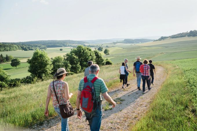 Perfekt für Aktivurlaub: Das Ries ist durchzogen von Wander- und Velowegen. Wanderweg Wandergruppe Feld Flachland Sommer Hügel