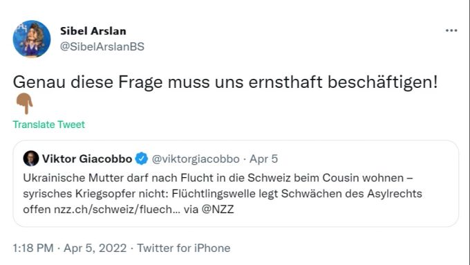 Sibel Arslan plädiert immer wieder für ein solidarischeres Asylrecht – wie hier auf Twitter. Arslan Flüchtlinge