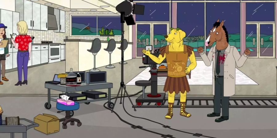 Bojack Horseman und Mr. Peanutbutter unterhalten sich am Set der fiktiven Serie Philbert.