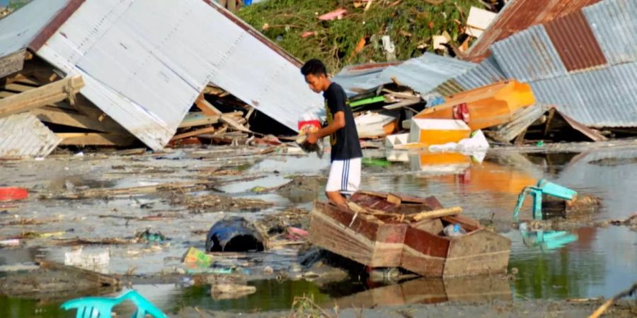 Ein Mann in Palu durchstöbert die Wassermassen nach Überlebenden.