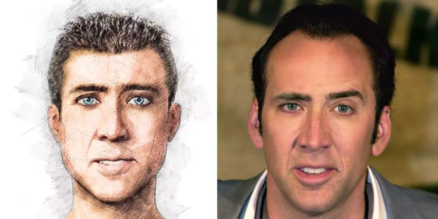 Das veröffentlichte Phantombild (l) eines Täters. Hamburger Tageszeitungen amüsieren sich über die Ähnlichkeit zu US-Schauspieler Nicolas Cage (r).