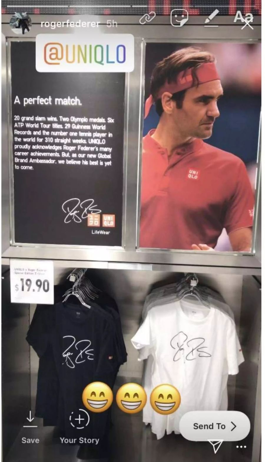 Auf Instagram zeigt Roger Federer seinen Fans die neue T-Shirt-Kollektion von Uniqlo.