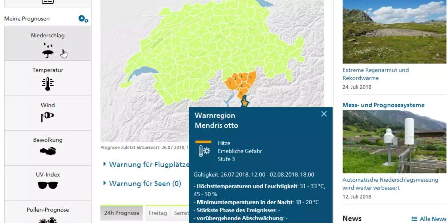 MeteoSchweiz gibt mit 33 Grad Höchsttemperatur eine Hitzewarnung für das Tessin heraus.