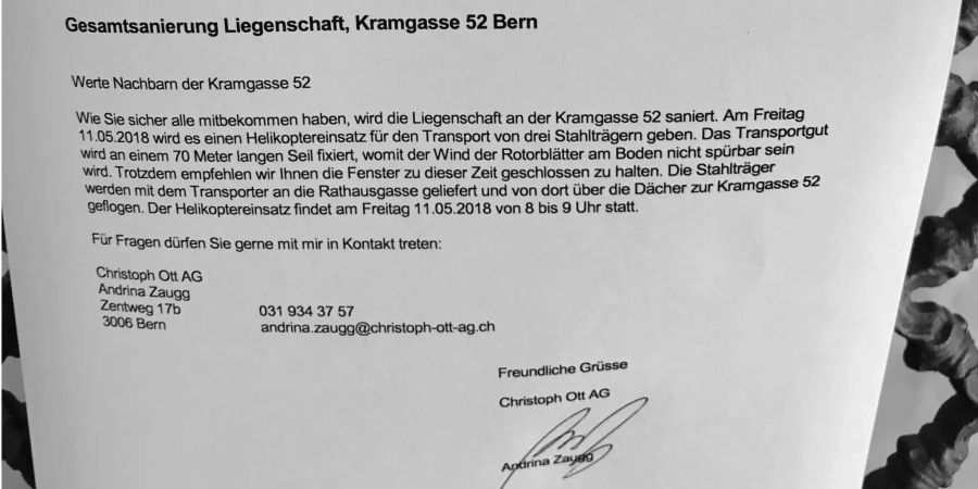 Mit diesem Schreiben wurden die Anwohner über den Helieinsatz informiert.