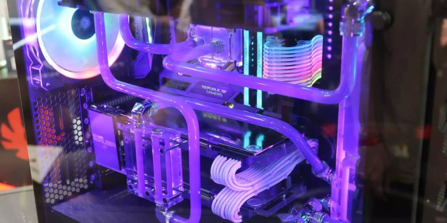 Verschiedenste Stände beschäftigten sich zudem auch mit Hardware. Hier ein aufwendig gestalteter PC, unter anderem mit selbstgebauter Wasserkühlung und RGB-Kabeln.