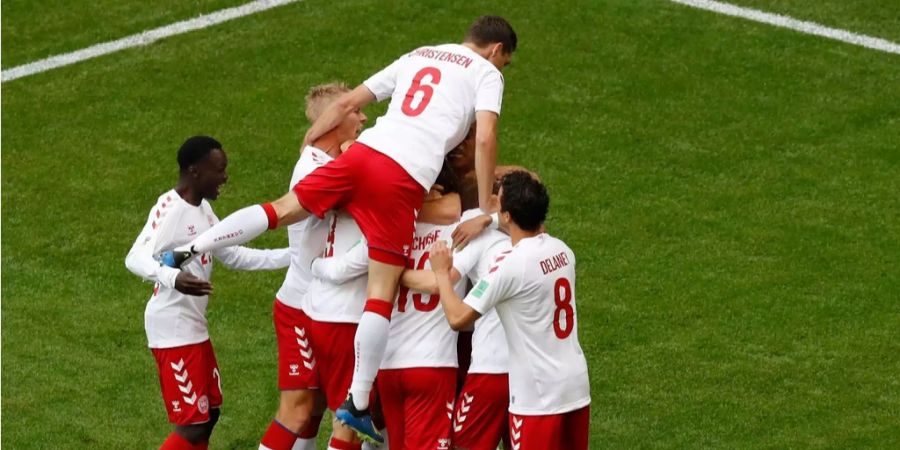 Dänemarks Spieler jubeln an der WM 2018 nach einem Treffer.