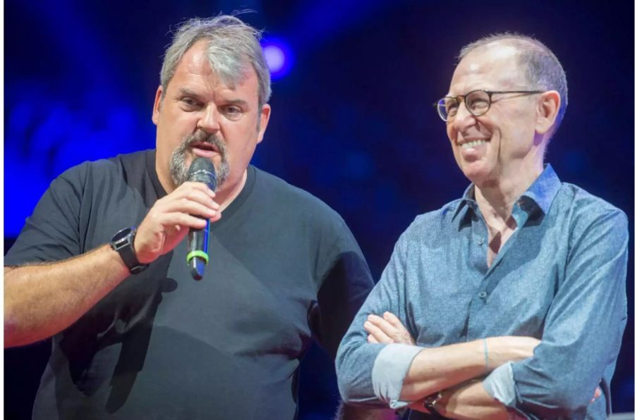 Viktor Giacobbo und Mike Müller anlässlich der Bekanntgabe ihres Engagements bei der 100. Tournee des Zirkus Knie im Jubiläumsjahr 2019.