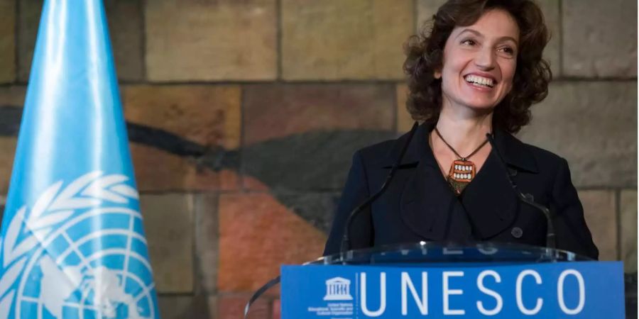 Die Unesco-Chefin Audrey Azoulay an einer Pressekonferenz.