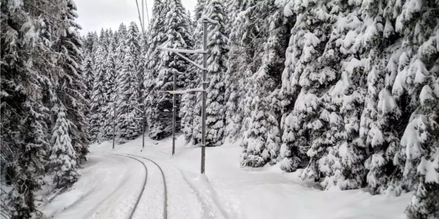 Eine Bahnlinie im Kanton Graubünden ist verschneit.