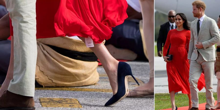 Meghan Markle und vergisst bei den Ankunft in Tonga ihren Zettel am Kleid.