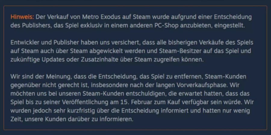 Metro Exodus Steam Statement