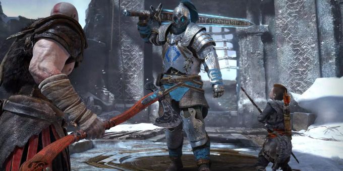 Kratos trifft mit seinem Sohn Atreus auf eine nordische Sagenfigur. Kratos trifft mit seinem Sohn Atreus auf eine nordische Sagenfigur.