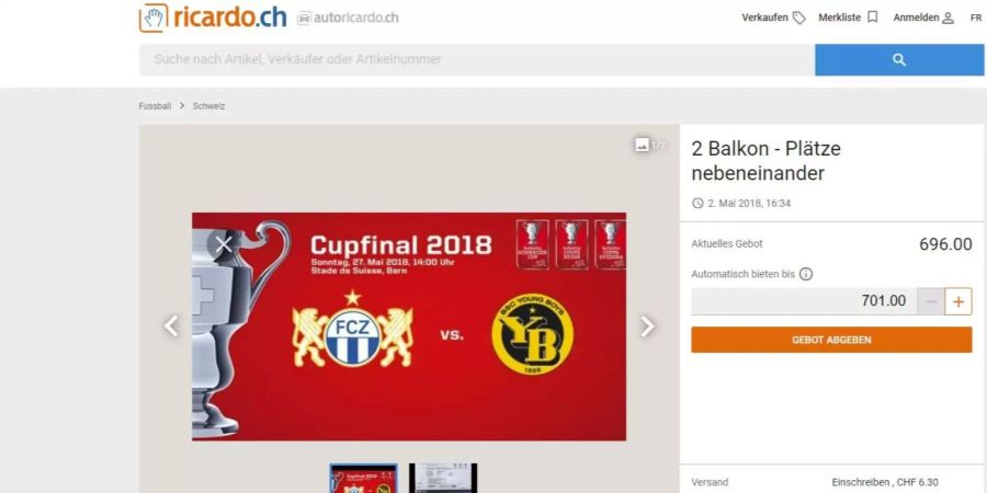 Auch beim Cupfinal zwischen dem FCZ und YB wird bereits Preiswucher betrieben – auf Ricardo wurde der Preis zweier Tickets bereits auf 700 Franken raufgetrieben.