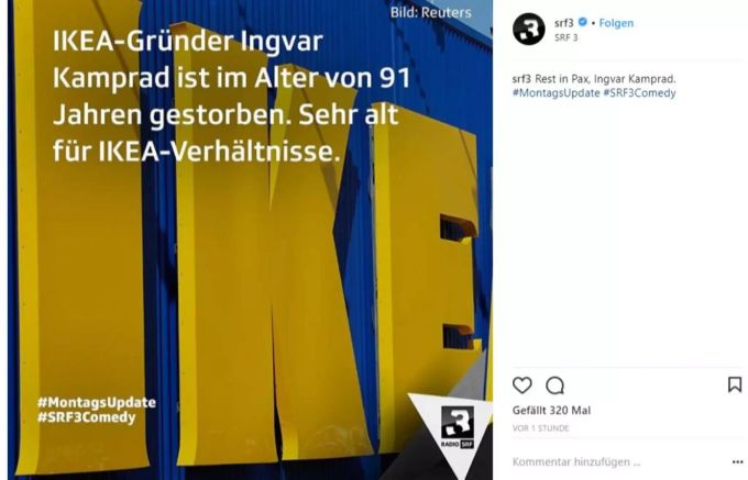 Darf man das? SRF3 macht Witze über Kamprads Tod. Darf man das? SRF3 macht Witze über Kamprads Tod.