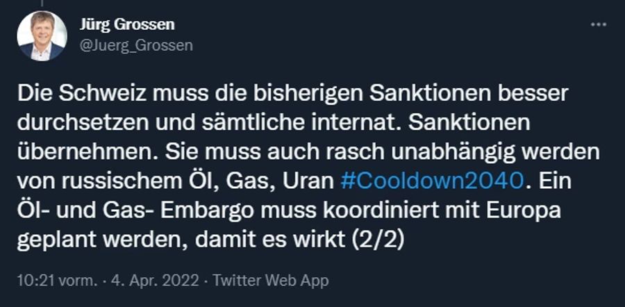 GLP-Präsident Jürg Grossen will ein koordiniertes Öl- und Ga-Embargo.