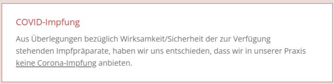 Mit diesem Hinweis informiert die Praxis im Hard darüber, dass nicht gegen Corona geimpft wird. Corona