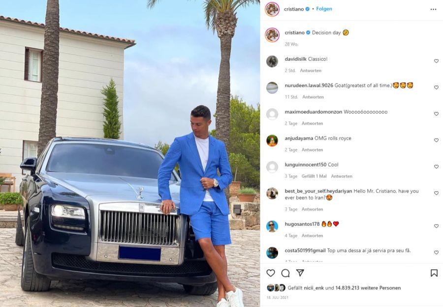 Auch auf Instagram zeigt Ronaldo immer wieder einen Teil seiner Auto-Sammlung.