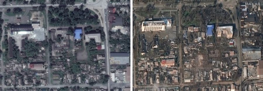 Auf diesen Satellitenbilder sind mehrere Gebäude und Wohnhäuser vor und nach einem russischen Luftschlag zu sehen.