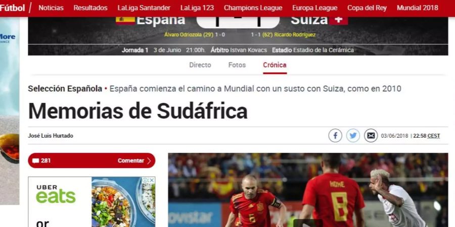 «Marca» ist mit 400'000 Exemplaren die grösste Sportzeitung des Landes und schreibt nach dem Unentschieden von Erinnerungen an Südafrika 2010, als die Schweiz die Spanier in der WM-Vorrunde mit 1:0 besiegten: «Die Schweiz hat heute eine unerwartete Beute gemacht. Das geschah auch in Südafrika, dem Königreich von Iniesta.»