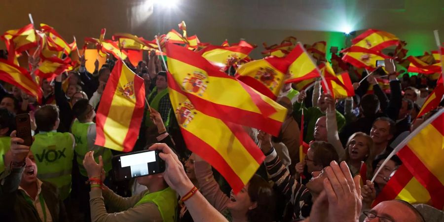 Anhänger der rechtsradikalen Partei Vox feiern das Ergebnis der Region