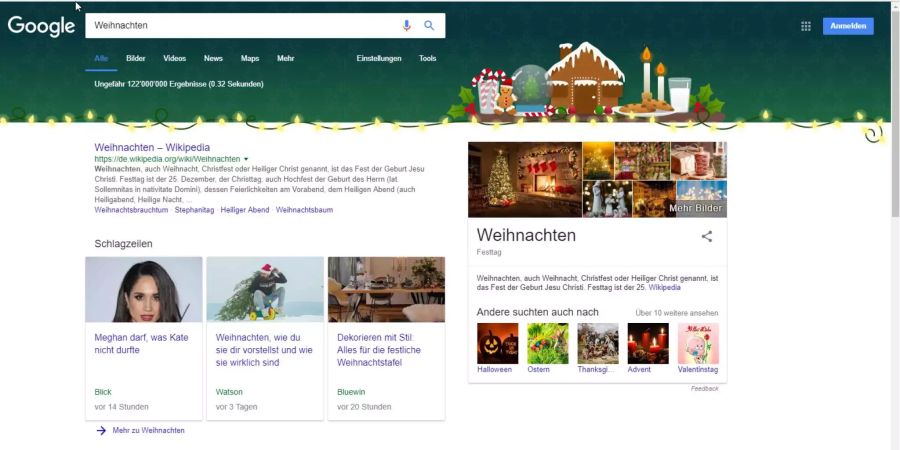 Festtagsstimmung bei Google: Stichwort «Weihnachten» in die Suchleiste tippen und schon brennen die digitalen Kerzlein.