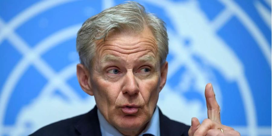 Jan Egeland, Sonderberater des UN-Sonderbeauftragten für Syrien de Mistura, spricht über die Arbeitsgruppe für den freien Zugang für Hilfslieferungen der Internationalen Unterstützungsgruppe für Syrien (ISSG) im europäischen Hauptgebäude der Vereinten Nationen.